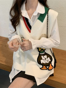 Fashionable Knitted Vest And Shirt Set Womens Outerwear Spring Autumn Thin Sweater Stylish School Style Two-piece Suit