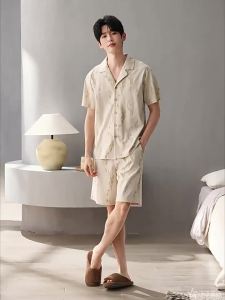Mens 100% Cotton Pajama Set Summer Short Sleeved Shorts Sleepwear Young Man Loungewear Breathable Thin Nightgown Set