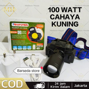 Senter Kepala ZOOM 100 WATT Maxpower MX-3877 Cahaya PUTIH / KUNING Super terang - Headlamp Teleskop Led Fokus Jarak jauh