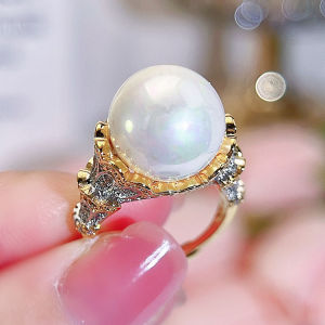 SEQUITO Luxury Silvery Golden Finger Jewelry Micro Paved Tiny AAA Cubic Zirconia Prom Party Big Pearl Adjustable Ring Women Accesorries SR141