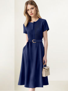 Elegant French Folded Collar Dress Womens Summer Loose Slimming Draping Simple A-Line Skirt Polyester Fiber Short Sleeve Midi Dress