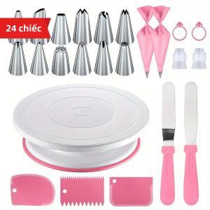 Bộ Dụng Cụ Trang Trí Bánh 24 Món Với Đế Xoay Chống Trượt 12 Đầu Phun Dụng Cụ Cạo Và Phụ Kiện Làm Bánh Chuyên Nghiệp Thân Thiện Với Môi Trường