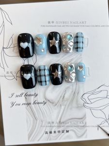 2024 New Style Blue Plaid Mirror Powder Nail Art Student Fake Nails Simple Elegant White Enhancing Cute Finished Product