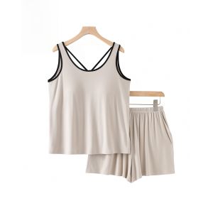 Miiow | Cat Woman Sleeveless Vest Sleepwear Summer Thin Built-in Chest Pad Solid Casual Womens Home Clothes Set Round Neck Short Pants