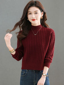 เสื้อสเวตเตอร์คอสูงสั้นสำหรับผู้หญิง ฤดูใบไม้ร่วง/ฤดูหนาว สีแดง เสื้อชั้นในแบบสวมหัว แขนยาว ปกติ อบอุ่น โพลีเอสเตอร์ 100%