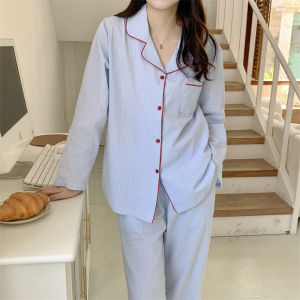 ชุดนอนผู้หญิงแขนยาวผ้าฝ้ายลายทางบาง ชุดอยู่บ้านสบายๆ ฤดูใบไม้ผลิและฤดูใบไม้ร่วง ชุดนอนผู้หญิง ชุดนอนผู้หญิง