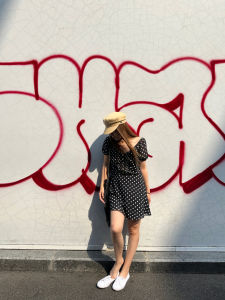 3ts Summer Polka Dot Floral Print Dress Elegant V-Neck High Waist A-Line Skirt Short Sleeve Long Dress Polyester Material