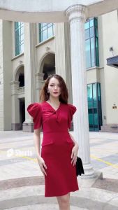 [Voucher 15% MOV 199K cap 100K Đầm ôm ngắn tay HeraDG thiết kế tay bồng nơ cổ nắp túi trang trí chất liệu Tuytsi cao cấp SDCBC2024