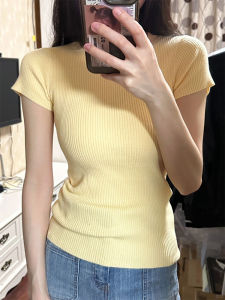 Áo Thun Nữ Tay Ngắn Màu Vàng Ôm Vừa Vặn Mùa Hè Phong Cách Mới Bó Eo Lưng Nhỏ Gọn Chất Liệu Cotton Pha Trộn
