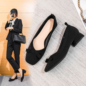 Black Work Shoes for Women with Bow Knots Short Mouth Square Head Thick Heel Professional Career Office Shoes for Standing Long Hours