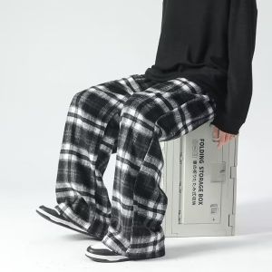 Woolen Plaid Pants Mens Autumn Winter Japanese Cityboy Retro Debutante Style Pants Loose Plus Size Drooping Wide-Leg Pants
