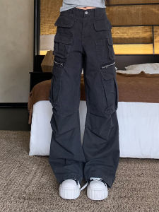 Retro American Multi-Pocket Work Pants Womens Autumn Casual Straight Leg Slimming Versatile Pleated Pants Ladies Jeans