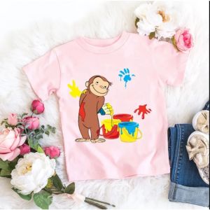 Bandai | Girls New T-shirts Curious Cartoon Monkey Print Childrens Clothing Summer Tees Girls Tshirts Pink Short-sleeved Tops