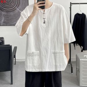Large Size Mens T-Shirt Cotton Linen Seven Sleeve Half Sleeve Pocket Belted Casual round Neck Top for Daily Wear