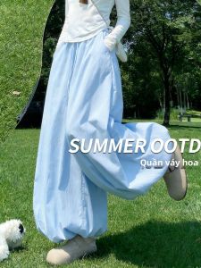 YAYANGREN | Quần Lụa Băng Dây Hoa Màu Xanh eo Cao