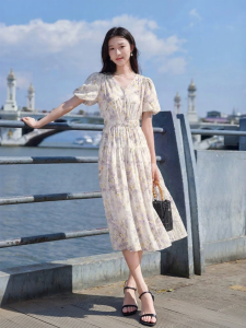 XIANGYING | Floral Print V-Neck Tea Dress