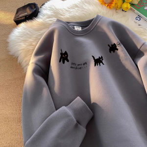 American Style Retro Cat Print Fleece Lined round Neck Sweatshirt for Boys Youth Casual Comfortable Long Sleeve T-Shirt
