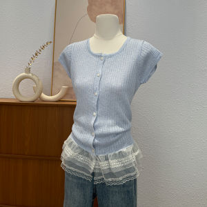 Korean Style Lace Splice Fly Sleeve Knitted Short Sleeve T-Shirt Women Summer Slimming Elegant Versatile Top round Neck
