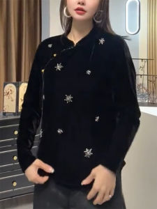 QINGNAER | Plus Size Atmospheric Chinese Style Beaded Mandarin Collar Slanted Placket Long Sleeve Shirt