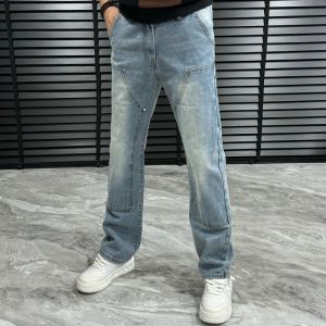 Loose Mens Blue Jeans High Street Style Retro Japanese Trendy Straight Leg Casual Patchwork Wide Leg Long Pants Street Style