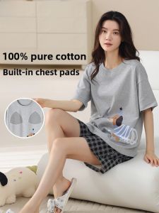Miiow | Pure Cotton Sleepwear Set With Chest Pad Womens Summer Thin Short Sleeve Shorts Home Clothes MiiOW Cat Person Style