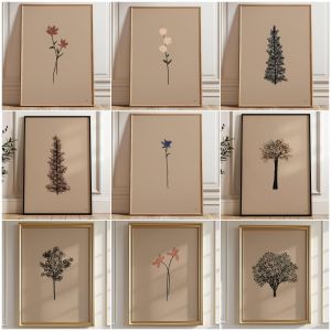BILIBILI | Minimalist Floral Print Vintage-Inspired Wall Art Terra Cotta Home DecorSimple Home Decoration Painting Flowers Plants Poster