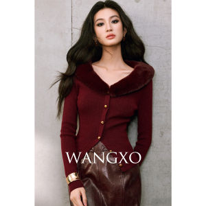 WANGXO | Áo Sweater Len Lông Cừu Galaxy Shine Cổ Lông Thỏ Giả Có Thể Tháo Rời Nút Vàng Đúc