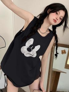 เสื้อกั๊กแขนกุดคอวีผ้าฝ้ายแท้สไตล์อเมริกันย้อนยุคสำหรับผู้หญิงในฤดูร้อน เสื้อกั๊กบาสเก็ตบอลหลวมๆ สไตล์ฮ่องกง แขนกุด