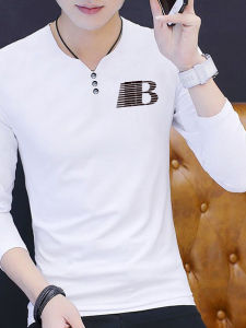 Áo Thun Nam Dài Tay Cổ Chữ V in Họa Tiết Phong Cách Mới Trung Quốc 95% Cotton Áo Lót Ôm Vừa Vặn Mặc Nhiều Lớp Mùa Thu