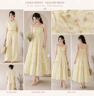 Vải Linen Cotton Vàng Chanh In Hoạ Tiết Baby Mềm Rũ Phồng Nhẹ Khổ 1m45