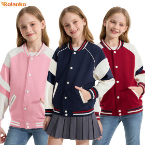 Rolanko Girls Varsity Jackets Baseball Bomber Color Block Letterman Jacket Outwear With Pockets 7-15 Years