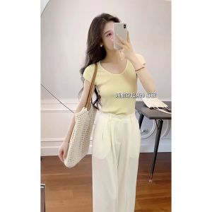 Yellow Slim Fit Knitted Ice Silk Short Sleeve T-Shirt Womens Fashion Summer Top Anti-Aging Shoulder Width Regular Length