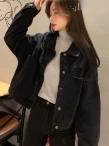 Black Denim Jacket Womens Autumn Winter Loose Short Sleeve Long Womens Outerwear Korean Style Casual Commute Fashion