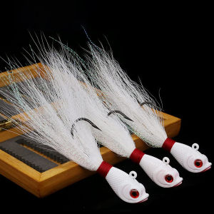 3pcs Bucktail Saltwater Hair Jigs Head Fishing Hooks Lures Kit Swimbait Jig 3D Eyes Bait Head Deer Hair Feather Beard Jigging
