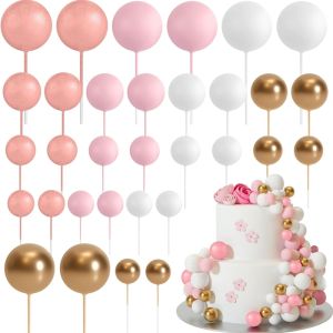 20Pcs Cake Topper Gold Silver Ball Happy Birthday Cake Topper Decoration DIY Cupcake Flag Ornament Wedding Christmas Ball Decor