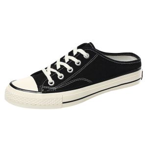 Mens Summer Slip-On Canvas Shoes Half Slip No-Back Low-Top Plain Color Breathable Flat Heel Rubber Bottom Sandals