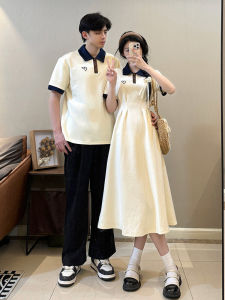 Couple Matching Summer 2025 New French College Style Student Polo Collar Dress Slim Short Sleeve One Skirt One Shirt