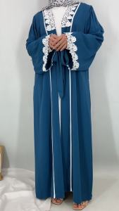 New Muslim Modest Fashion Maxi Dress for Woman Lace Patchwork Long Sleeve Tiered Dress Islamic Abaya Robe