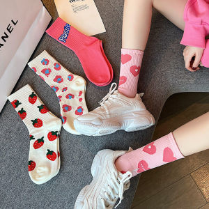 3Pairs Ladies Pink Lovely Flower Cotton Socks Love Casual Medium-tube Ins Trend Women Socks