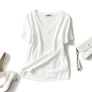 เสื้อยืดคอวีผ้าฝ้ายบริสุทธิ์สําหรับผู้หญิงสไตล์ฤดูร้อนหลวมพอดีแขนสั้นสีทึบเสื้อผ้าทํางานรูปแบบศิลปะ