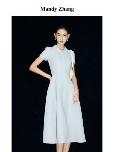 Elegant Blue Short Sleeve Summer Dress Long