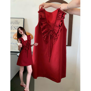 Karrar betsey | Holly Lace Ruffled V-Neck Red Sleeveless Summer Dress