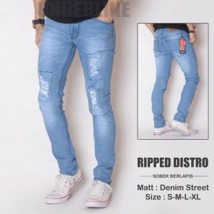 Celana Jeans Sobek Pria Panjang Stretch Melar Denim Tebal Slimfit Skinny Size S-XL
