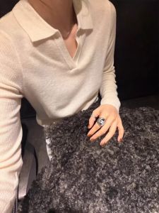 YUANYA | Polo Collar Slim Fit White Sweater