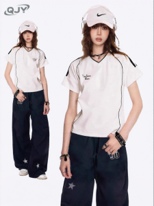QIAOJIAOYA | Áo Thun Tay Ngắn Vòng Cổ Trắng Slim Fit Mùa Hè Mỹ