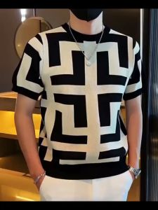 YATO High Quality Mens Geometric Graphic Knit Slim Fit Short Sleeve Top T-Shirt