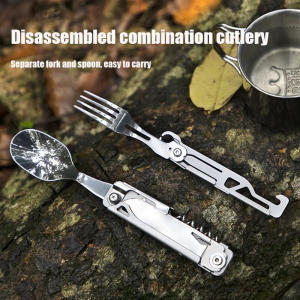 Multifunctional Cutlery Set Portable Folding Camping Tableware Stainless Steel Knife Fork Spoon Can Opener Outdoor Equipment
