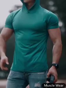 Mens Quick-Drying High-Elasticity Hooded Tight Short Sleeve Shirt