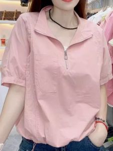 Summer New Style Thin Short Sleeve Shirt Zipper Polo Collar Waist Inward Loose Top Doll Shirt for Women Commute Style