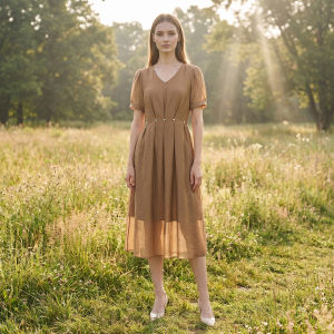 Literary Style V-neck Fitted Short Sleeve Waist-tie Dress
